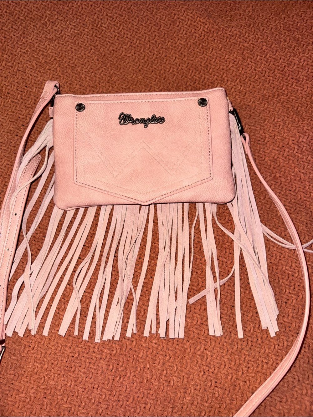 Wrangler Pink Floral Fringe Crossbody Purse with Taupe Fringe - Picture 6 of 12